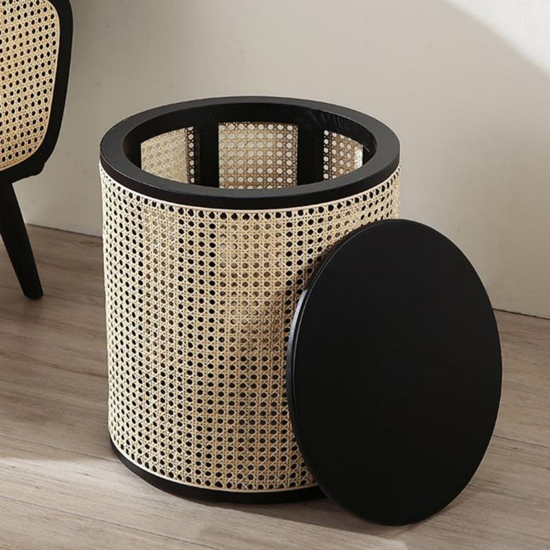 Traditional Japanese Cylindrical Solid Wood Rattan Side Table 1-Storage For Living Room