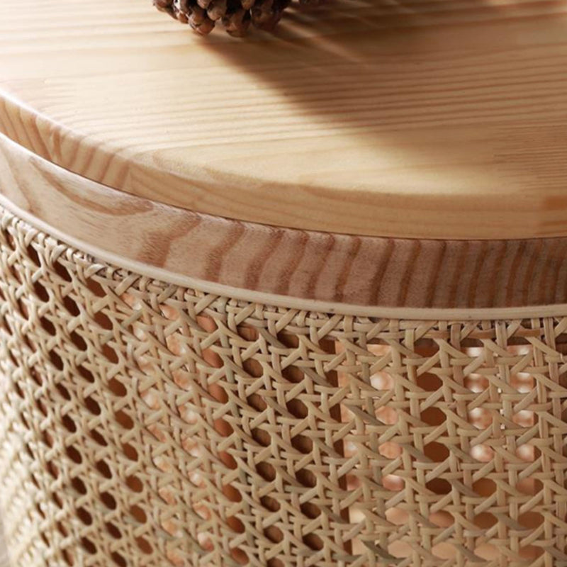 Traditional Japanese Cylindrical Solid Wood Rattan Side Table 1-Storage For Living Room
