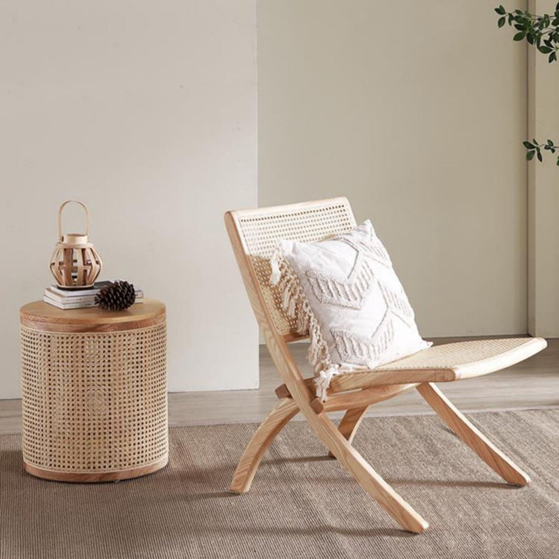 Traditional Japanese Cylindrical Solid Wood Rattan Side Table 1-Storage For Living Room
