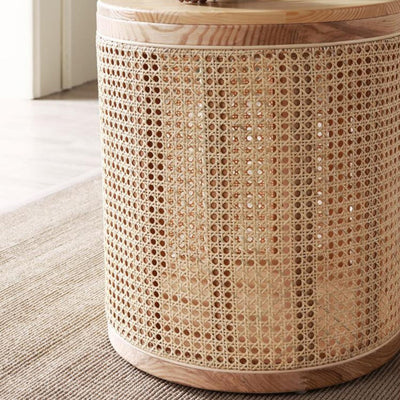 Traditional Japanese Cylindrical Solid Wood Rattan Side Table 1-Storage For Living Room