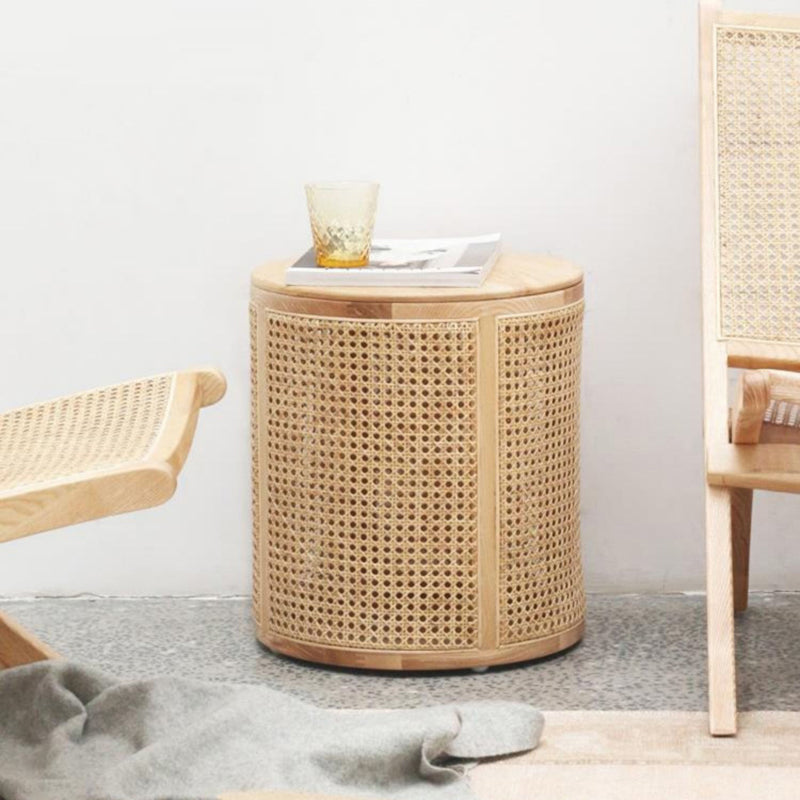 Traditional Japanese Cylindrical Solid Wood Rattan Side Table 1-Storage For Living Room