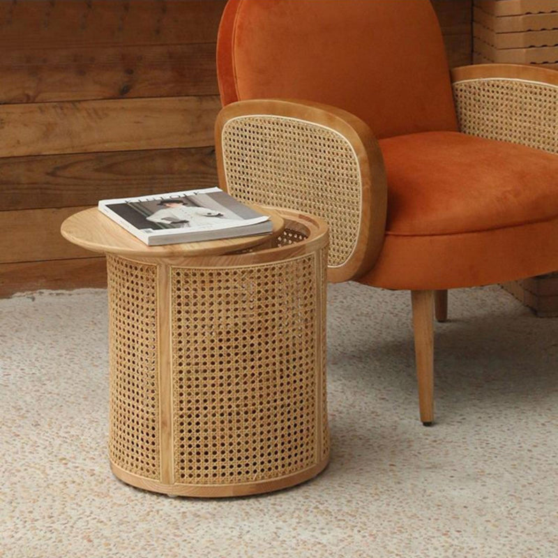 Traditional Japanese Cylindrical Solid Wood Rattan Side Table 1-Storage For Living Room