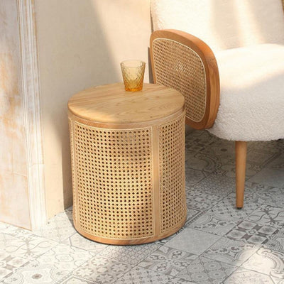 Traditional Japanese Cylindrical Solid Wood Rattan Side Table 1-Storage For Living Room
