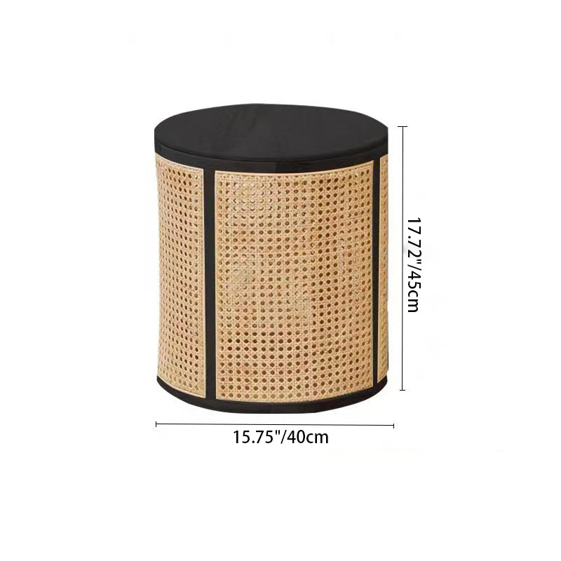 Traditional Japanese Cylindrical Solid Wood Rattan Side Table 1-Storage For Living Room