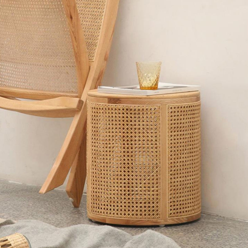 Traditional Japanese Cylindrical Solid Wood Rattan Side Table 1-Storage For Living Room