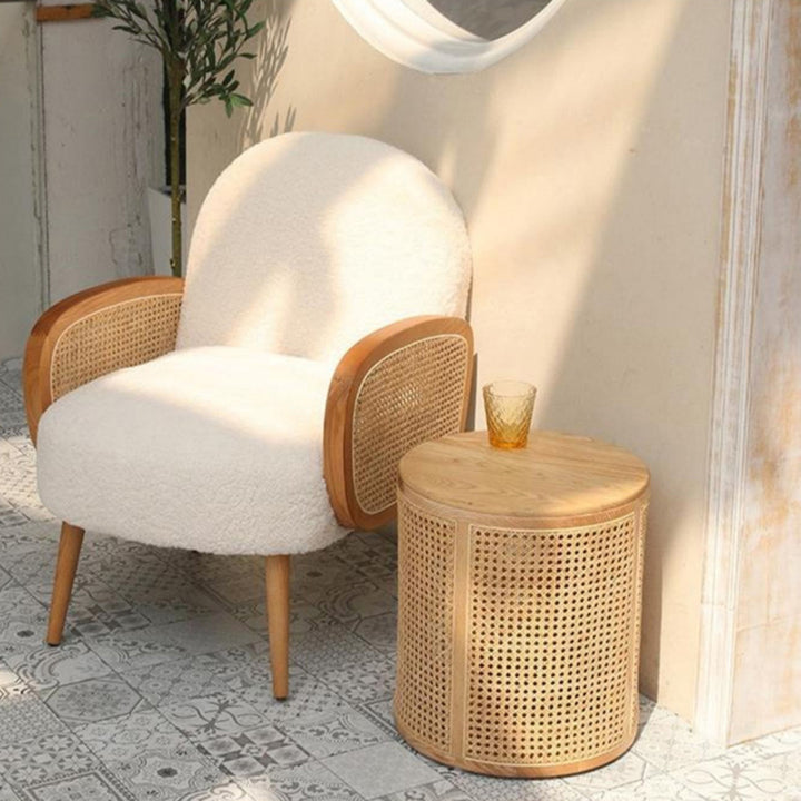 Traditional Japanese Cylindrical Solid Wood Rattan Side Table 1-Storage For Living Room
