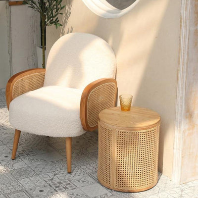 Traditional Japanese Cylindrical Solid Wood Rattan Side Table 1-Storage For Living Room