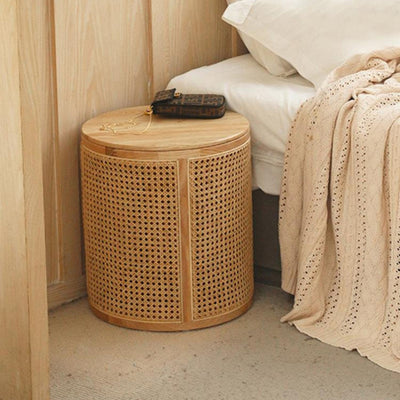 Traditional Japanese Cylindrical Solid Wood Rattan Side Table 1-Storage For Living Room