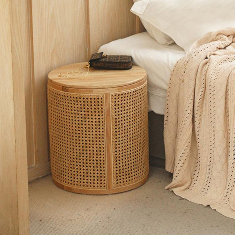 Traditional Japanese Cylindrical Solid Wood Rattan Side Table 1-Storage For Living Room