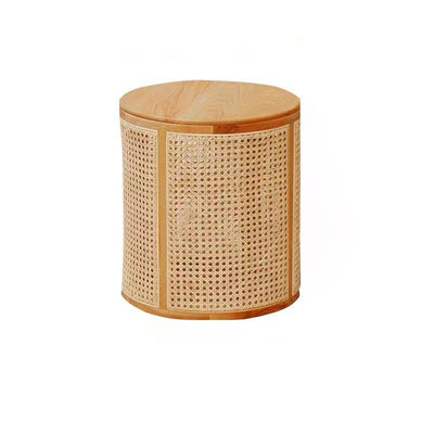 Traditional Japanese Cylindrical Solid Wood Rattan Side Table 1-Storage For Living Room