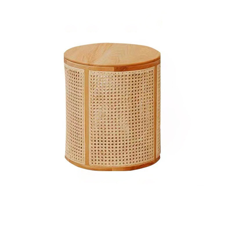 Traditional Japanese Cylindrical Solid Wood Rattan Side Table 1-Storage For Living Room