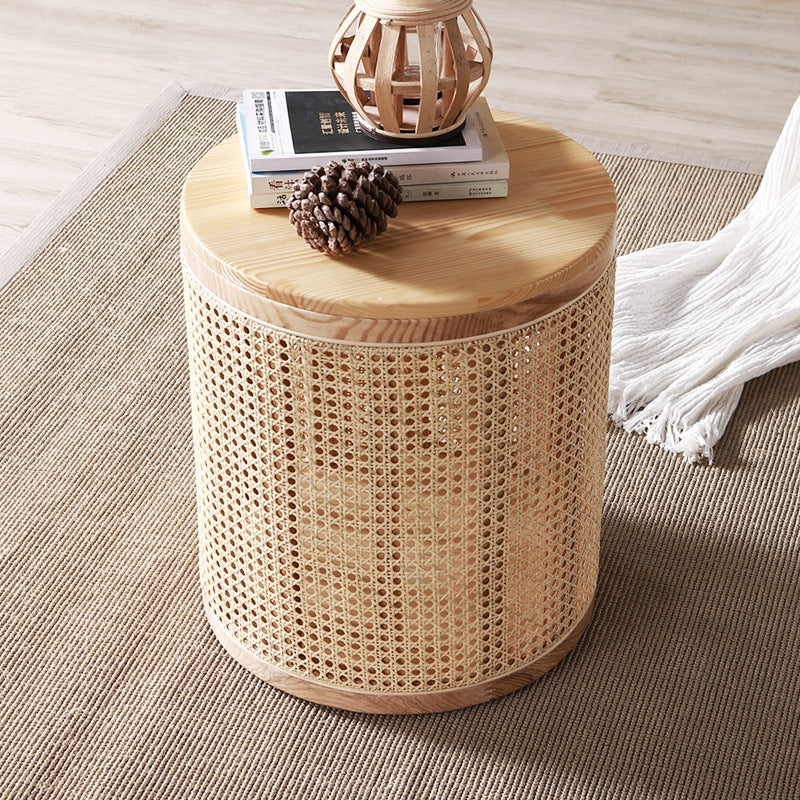 Traditional Japanese Cylindrical Solid Wood Rattan Side Table 1-Storage For Living Room