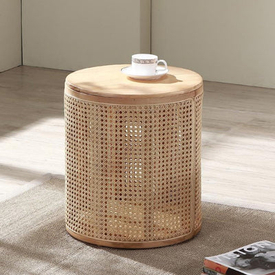 Traditional Japanese Cylindrical Solid Wood Rattan Side Table 1-Storage For Living Room