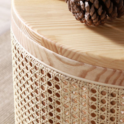 Traditional Japanese Cylindrical Solid Wood Rattan Side Table 1-Storage For Living Room