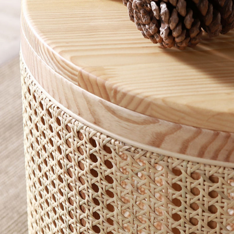 Traditional Japanese Cylindrical Solid Wood Rattan Side Table 1-Storage For Living Room