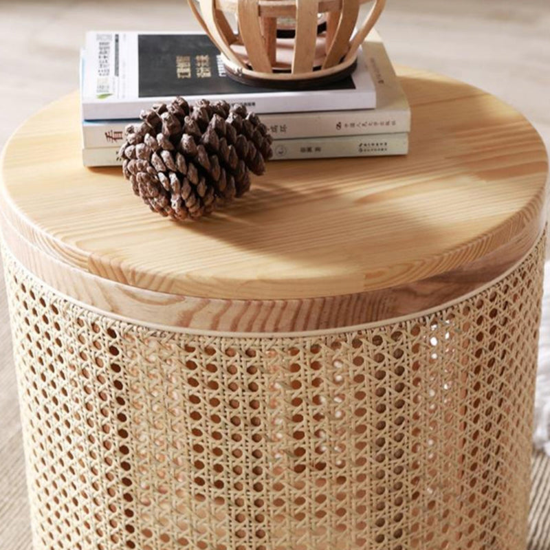 Traditional Japanese Cylindrical Solid Wood Rattan Side Table 1-Storage For Living Room