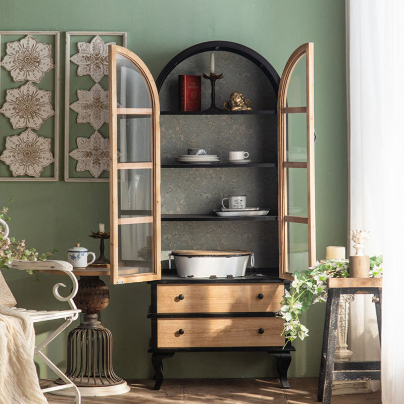 Traditional French Rectangular Medium Density Fiberboard Tempered Glass Fir Wood Storage Cabinet 2-Drawer For Living Room