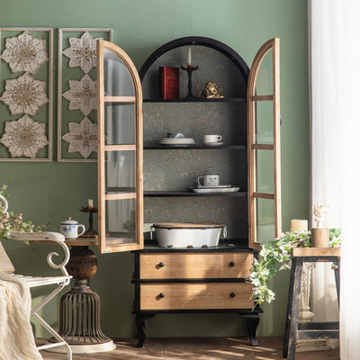 Traditional French Rectangular Medium Density Fiberboard Tempered Glass Solid Wood Storage Cabinet 2-Drawer For Living Room