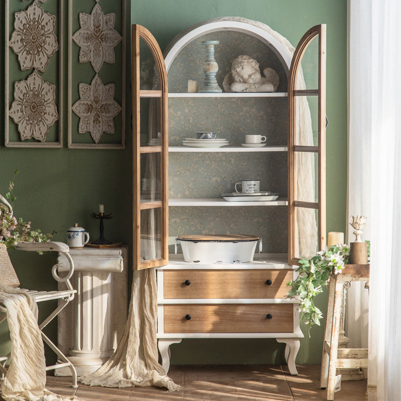 Traditional French Rectangular Medium Density Fiberboard Tempered Glass Fir Wood Storage Cabinet 2-Drawer For Living Room