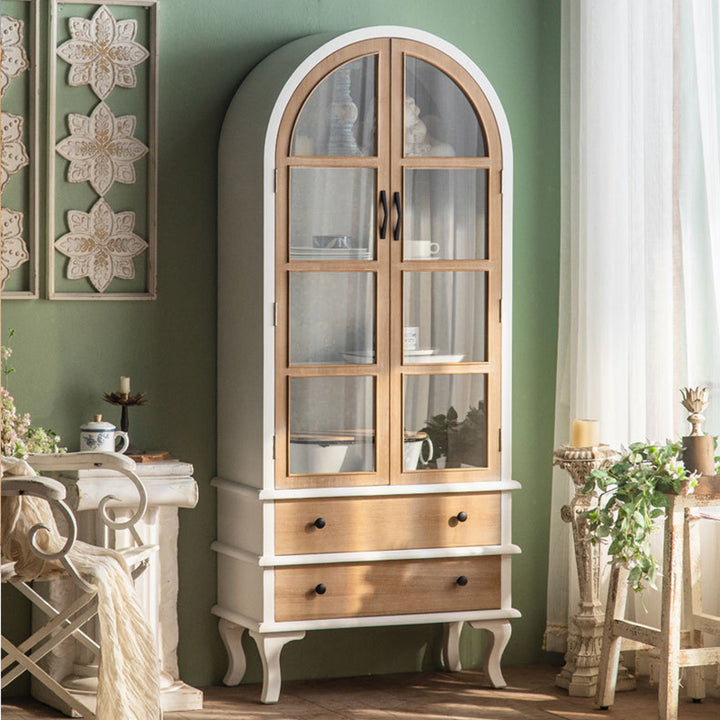 Traditioneller französischer rechteckiger Mitteldichtefaserplatte-gehärtetes Glas Massivholz-Aufbewahrungsschrank mit 2 Schubladen für das Wohnzimmer 