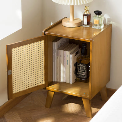 Traditional Japanese Rectangular Medium Density Fiberboard Bamboo Nightstand 1-Cabinet For Bedroom