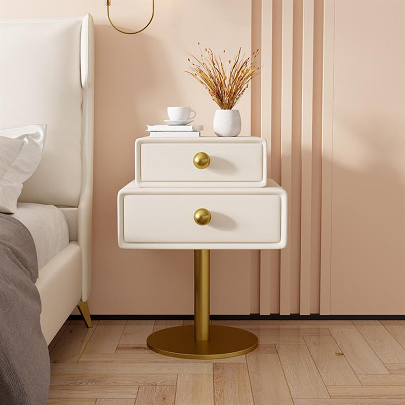Table de chevet moderne minimaliste rectangulaire en bois massif, acier au carbone, cuir microfibre et fer, à 2 tiroirs pour chambre à coucher 