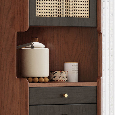 Traditional Japanese Rectangular Medium Density Fiberboard Rattan Solid Wood Corner Shelf Unit 2-Cabinet For Living Room