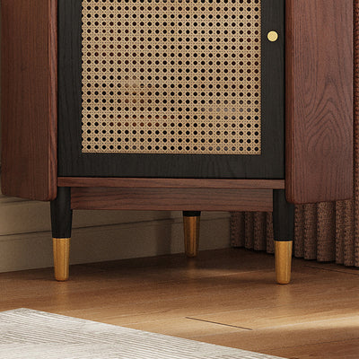 Traditional Japanese Rectangular Medium Density Fiberboard Rattan Solid Wood Corner Shelf Unit 2-Cabinet For Living Room