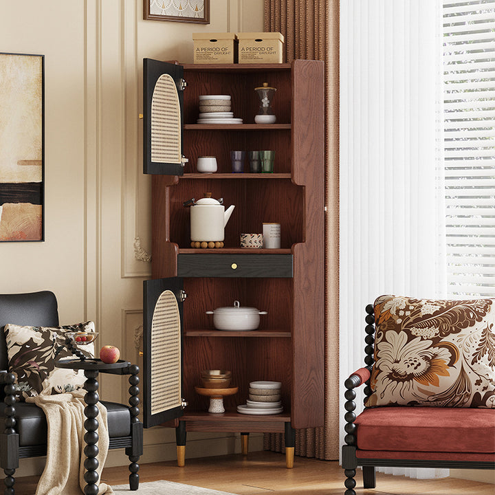 Traditional Japanese Rectangular Medium Density Fiberboard Bamboo Weaving Solid Wood Corner Shelf Unit 2-Cabinet For Living Room