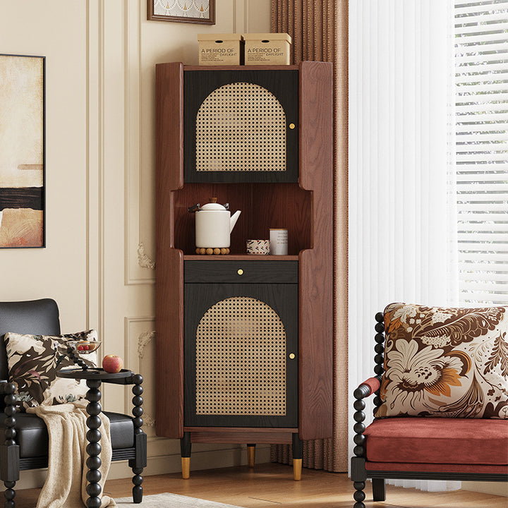Traditional Japanese Rectangular Medium Density Fiberboard Bamboo Weaving Solid Wood Corner Shelf Unit 2-Cabinet For Living Room