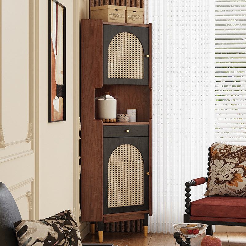 Traditional Japanese Rectangular Medium Density Fiberboard Rattan Solid Wood Corner Shelf Unit 2-Cabinet For Living Room