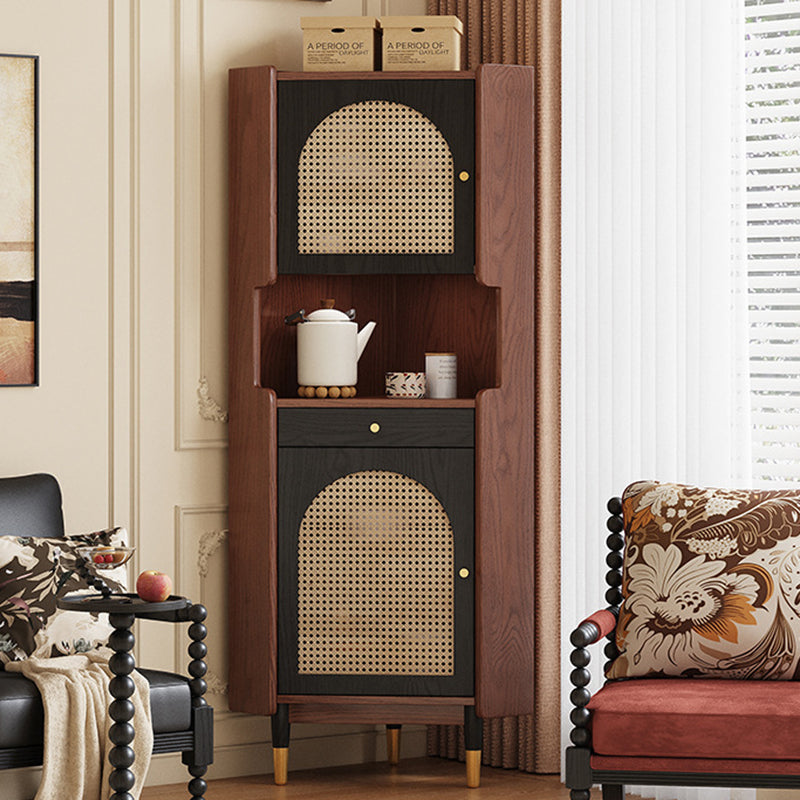 Traditional Japanese Rectangular Medium Density Fiberboard Rattan Solid Wood Corner Shelf Unit 2-Cabinet For Living Room