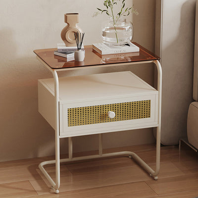 Modern Minimalist Rectangular Iron Tempered Glass Nightstand 1-Drawer For Bedroom