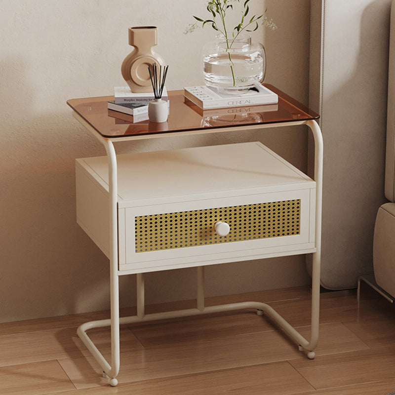 Modern Minimalist Rectangular Iron Tempered Glass Nightstand 1-Drawer For Bedroom