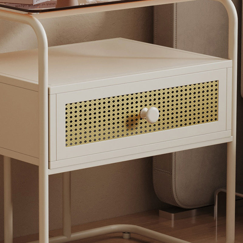 Modern Minimalist Rectangular Iron Tempered Glass Nightstand 1-Drawer For Bedroom