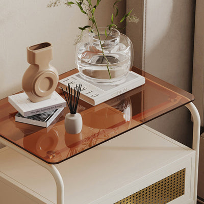 Modern Minimalist Rectangular Iron Tempered Glass Nightstand 1-Drawer For Bedroom