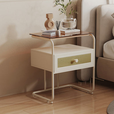 Modern Minimalist Rectangular Iron Tempered Glass Nightstand 1-Drawer For Bedroom