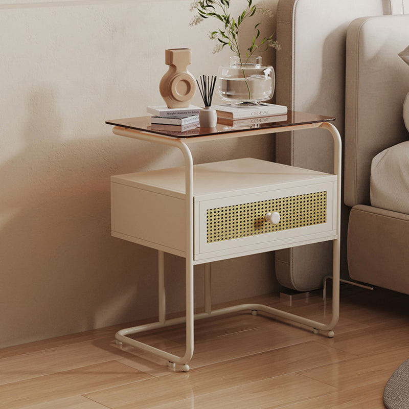 Modern Minimalist Rectangular Iron Tempered Glass Nightstand 1-Drawer For Bedroom
