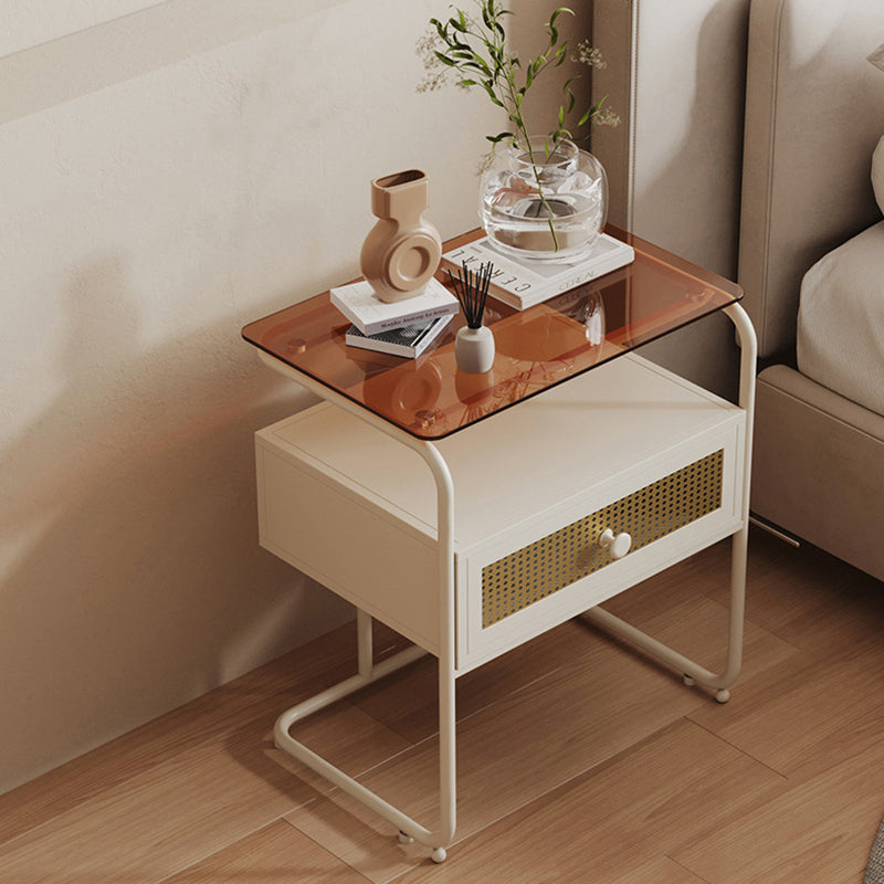 Modern Minimalist Rectangular Iron Tempered Glass Nightstand 1-Drawer For Bedroom
