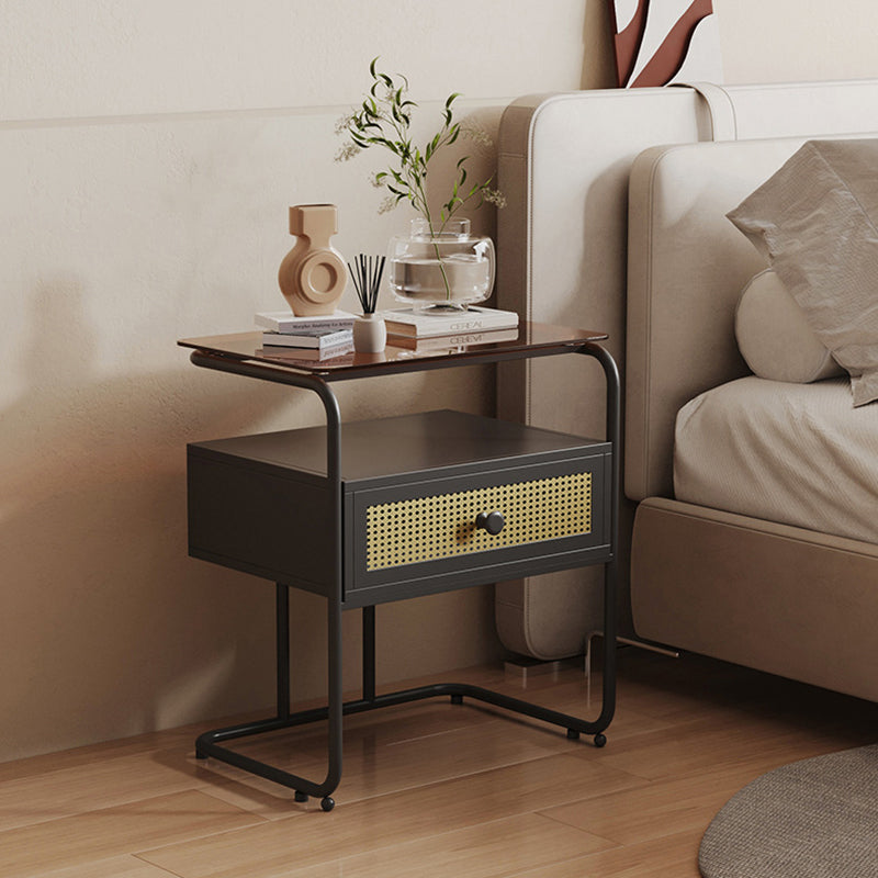 Modern Minimalist Rectangular Iron Tempered Glass Nightstand 1-Drawer For Bedroom