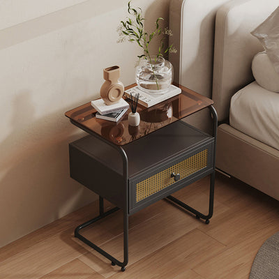 Modern Minimalist Rectangular Iron Tempered Glass Nightstand 1-Drawer For Bedroom