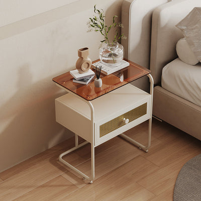 Modern Minimalist Rectangular Iron Tempered Glass Nightstand 1-Drawer For Bedroom