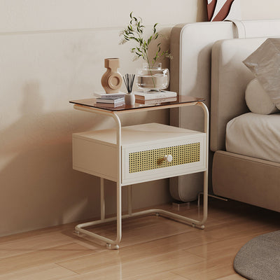 Modern Minimalist Rectangular Iron Tempered Glass Nightstand 1-Drawer For Bedroom