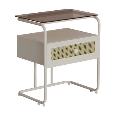 Modern Minimalist Rectangular Iron Tempered Glass Nightstand 1-Drawer For Bedroom