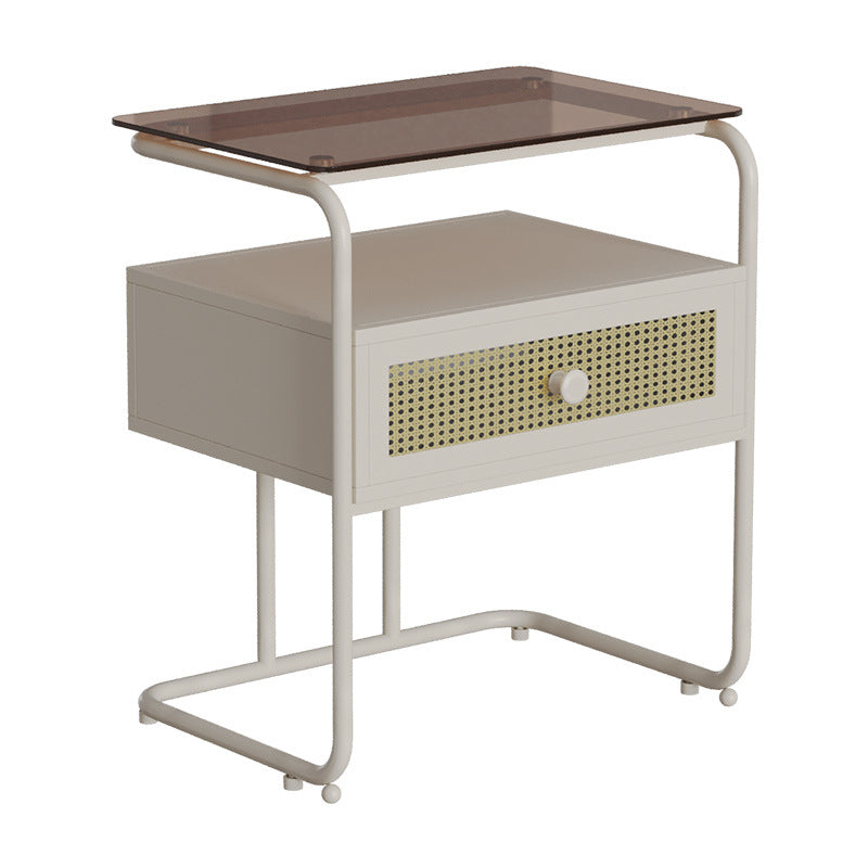 Modern Minimalist Rectangular Iron Tempered Glass Nightstand 1-Drawer For Bedroom