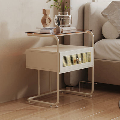 Modern Minimalist Rectangular Iron Tempered Glass Nightstand 1-Drawer For Bedroom