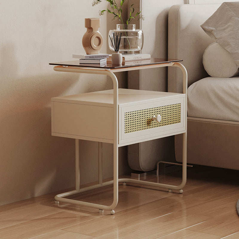 Modern Minimalist Rectangular Iron Tempered Glass Nightstand 1-Drawer For Bedroom