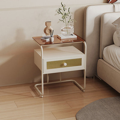 Modern Minimalist Rectangular Iron Tempered Glass Nightstand 1-Drawer For Bedroom