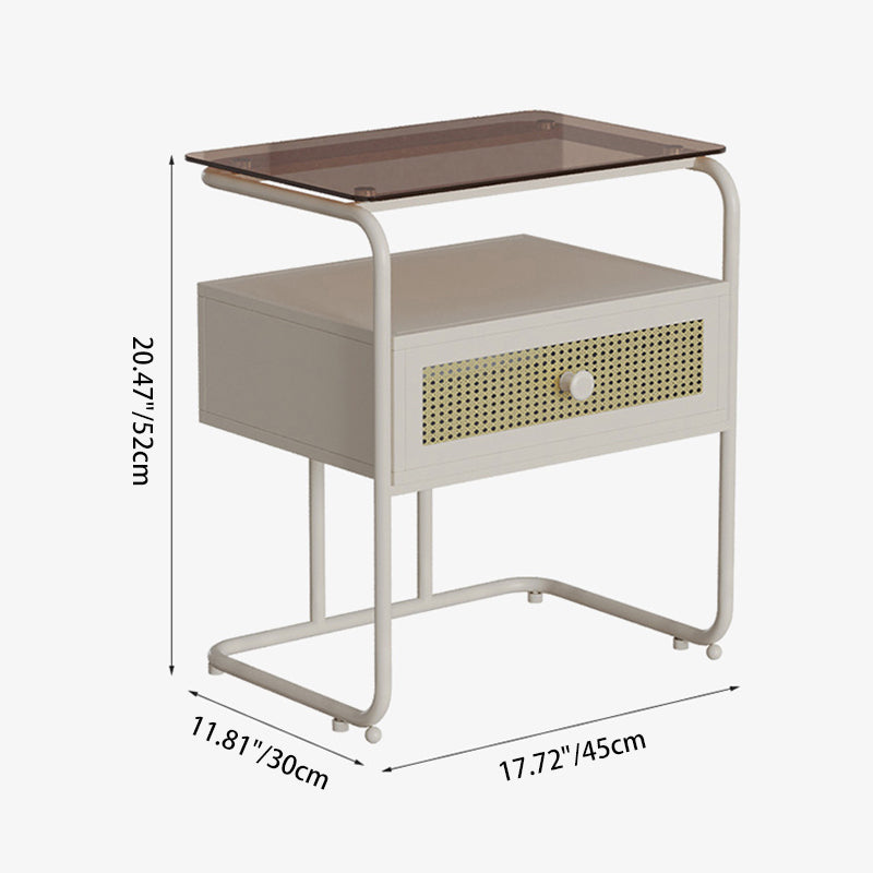 Modern Minimalist Rectangular Iron Tempered Glass Nightstand 1-Drawer For Bedroom