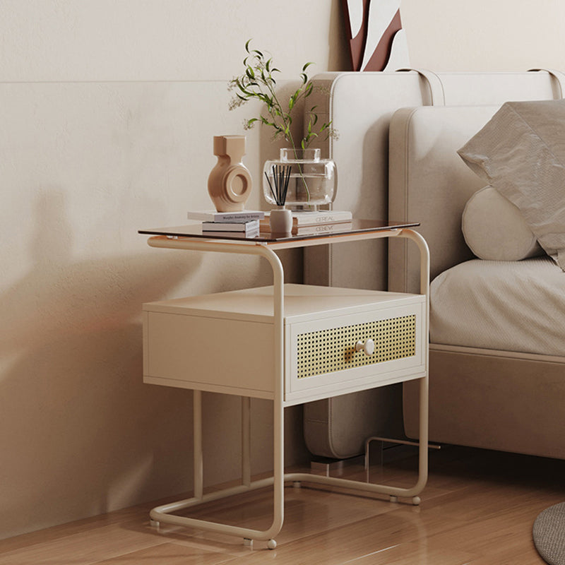 Modern Minimalist Rectangular Iron Tempered Glass Nightstand 1-Drawer For Bedroom